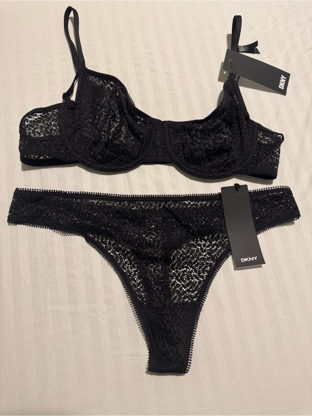DKNY Black Lace Underwire Bra & Thong Set - Sheer Lace